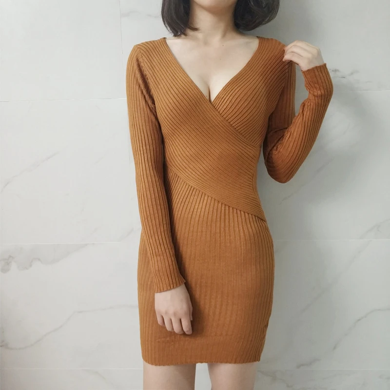 Платья-свитеры Для женщин тонкий пуловер с глубоким v-образным вырезом вязаный свитер вязать женские длинный рукав платье дамы - Цвет: coffee