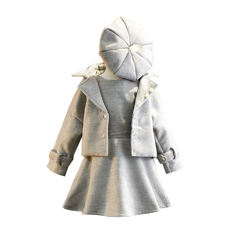 JOYHOPY/комплект одежды для детей на осень и зиму, комплект одежды для маленьких девочек из 3 предметов: пальто+ платье без рукавов+ шапка, шерстяной детский костюм