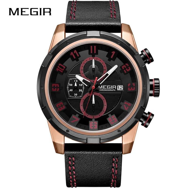 MEGIR Лидирующий бренд мужские модные спортивные часы с кожаным ремешком армейские военные часы Мужские кварцевые наручные часы Мужские часы Relogio Masculino - Цвет: Black