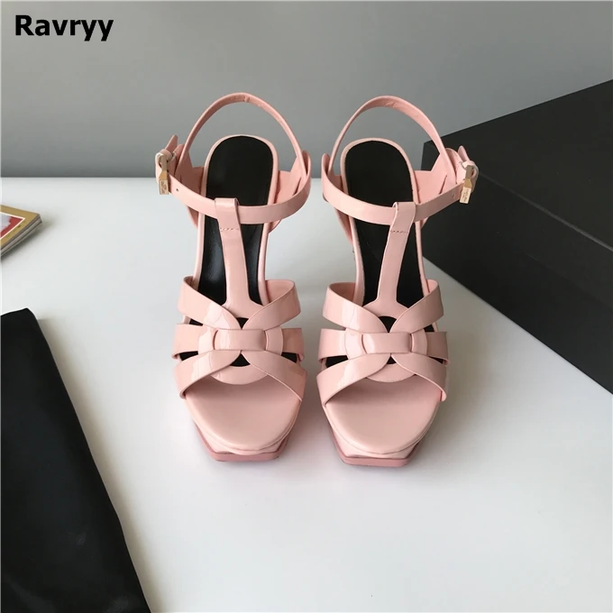 

Solid Patent Leather Sheepskin Platform Buckle Strap Thin High Heels Sandals Concise Elegant Party Shoes
