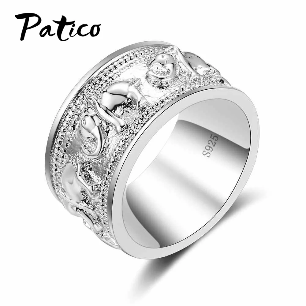 PATICO Fashion Animal Elephant Round Finger Rings Wide 925 Sterling Silver Wedding Band Rings For Women Men Lover Party Gifts