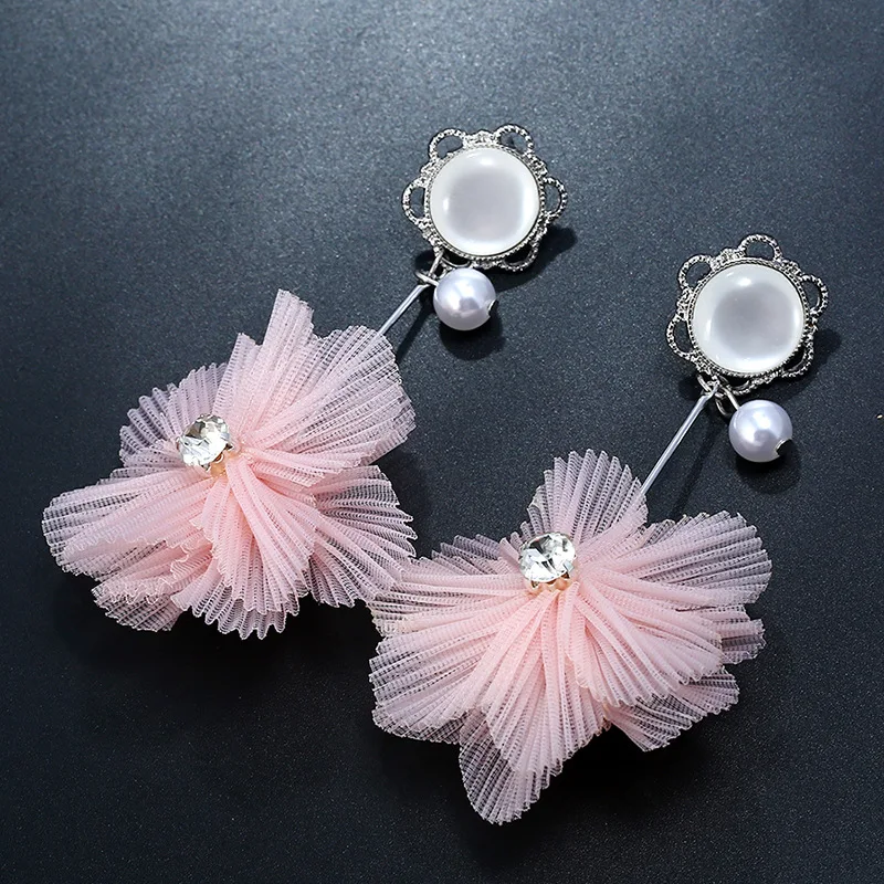 Elegant Fabric Lace Flower Earrings Shaped Charms Fringed Tassel Earrings