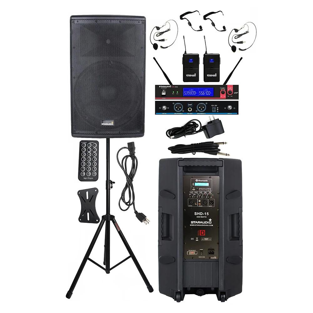 

STARAUDIO 4000W DJ 15 Inch Powered Active Audio KTV PA Speaker Party Speaker Stand 2CH UHF Wireless Headset Microphone SHD-15