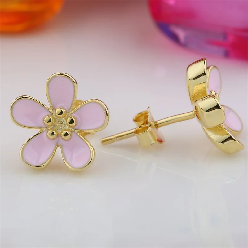 3 Color Cherry Blossom Stud Earrings for Women White/Pink Enamel Flower