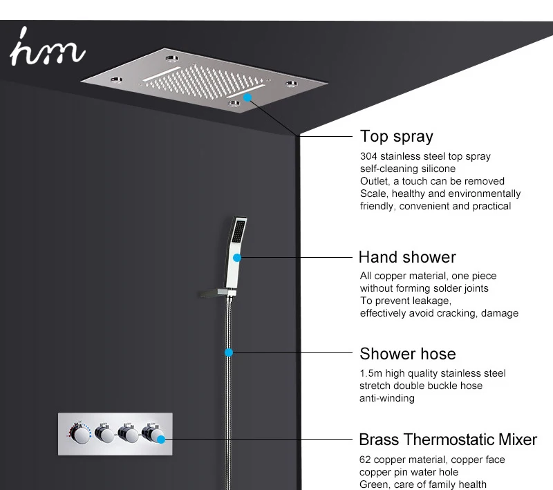 Waterfall LED Shower Faucet Set Contemporary  Bathroom Rain Shower Head  Side Spray  Large Water Flow Bath Valve (10)