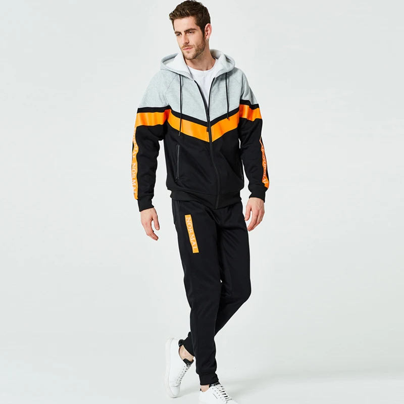 

Men's Hoodie Sets Patchwork Sportswear 2019 Spring Hooded Sweatshirts + Sweat pants Male Casual 2 Piece Set Sporting Suit