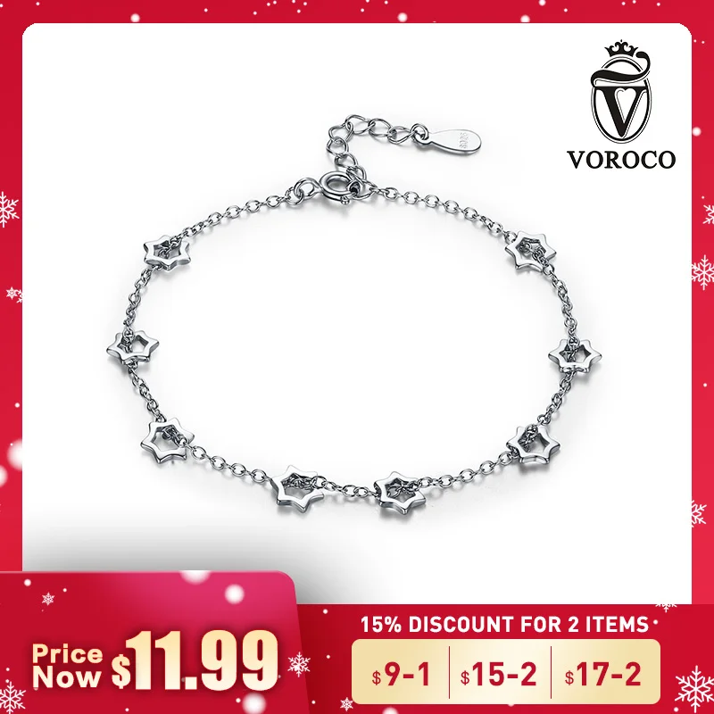 VOROCO 2017 Genuine 925 Sterling Silver Stars Chain Link Adjustable Charm Bracelets Silver for Women Fine Jewelry VSB003