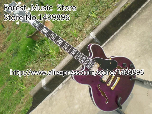 Cheap Wholesale & Retail Purple Tiger Grain ES Hollow Binding Body Electric Guitar China with Split Block Inlay In Stock