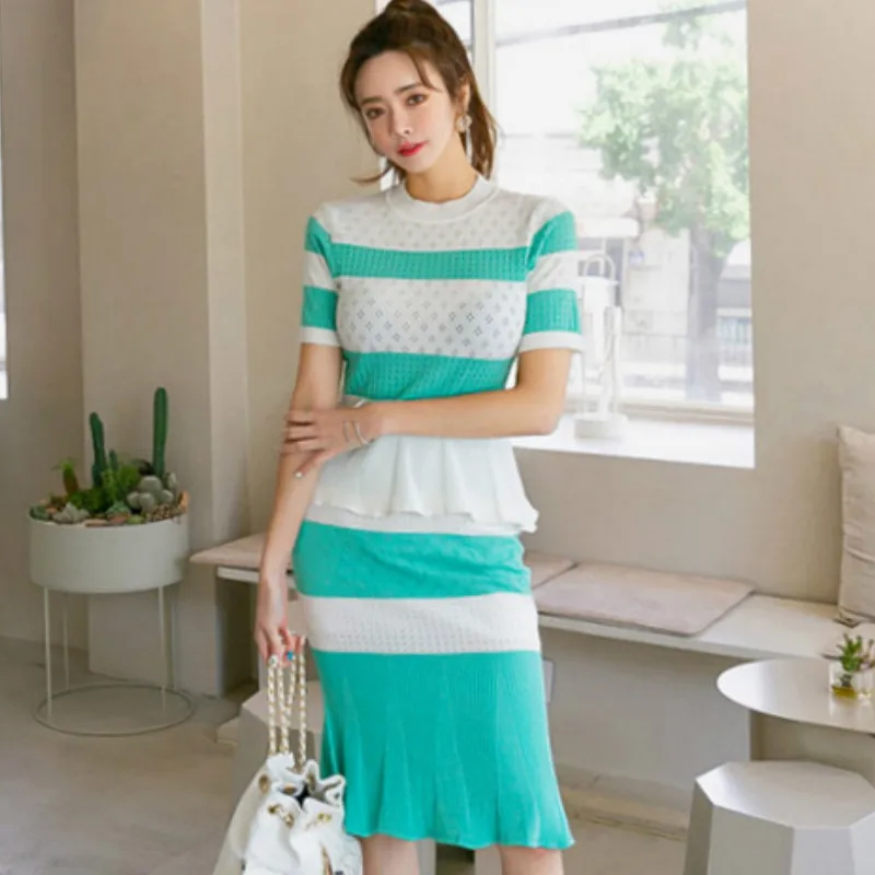 

Women Knitted Clothing Sets Summer Striped Bodycon Fishtail Sexy Two Piece Suit Dress