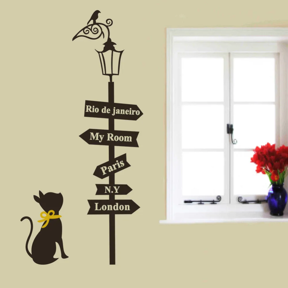 Наклейка на стену в виде лампы кошка под лампой настенные наклейки дети Лондон Париж моя комната знаки наклейки детская Настенная роспись искусство домашний декор