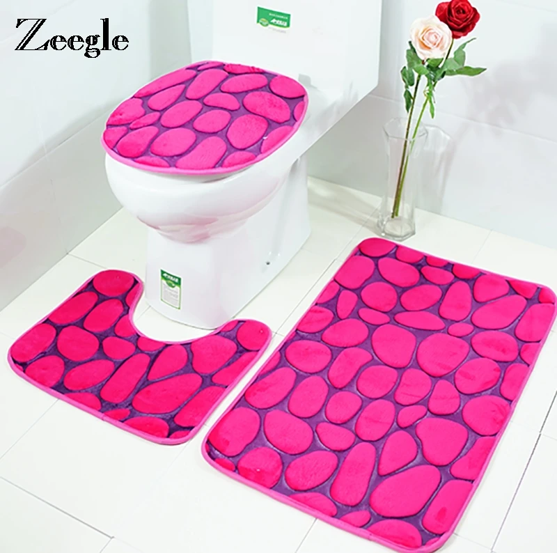 Zeegle 3D Stone Printed 3Pcs Bathroom Mats Set Toilet Carpets Coral