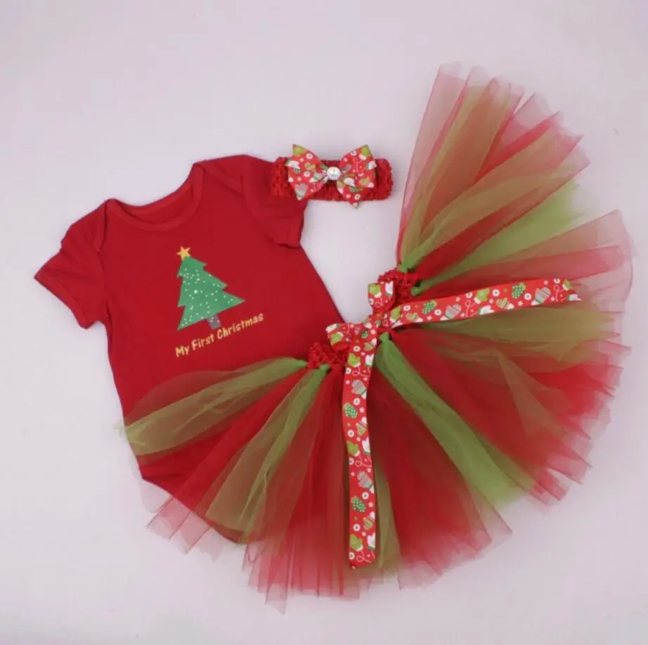 Комплект из 3 предметов, Детский комбинезон для девочек с надписью «My First Chrismtas», юбка-пачка с головной повязкой, украшенная стразами, для От 0 до 12 месяцев