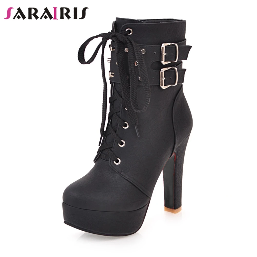 

SARAIRIS New Solid Zip Belt Buckle Rivet Platform Shoes For Women 2019 Fashion Autumn Ankle Boots Black Large Size 32-47