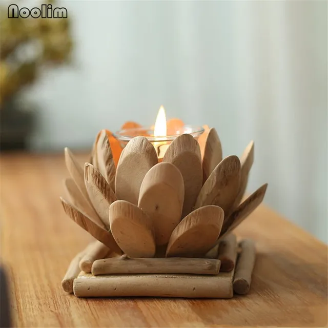 NOOLIM Handmade Wood Lotus Candle Holder Meditation Flower Buddha