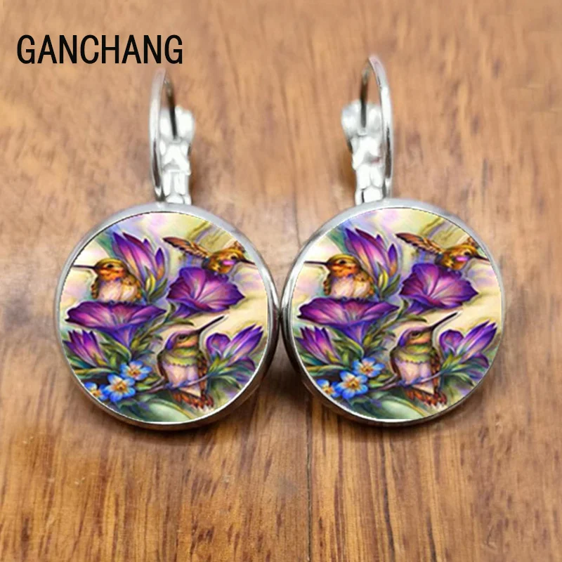 

earrings hummingbird silver, bronze cabochon earrings