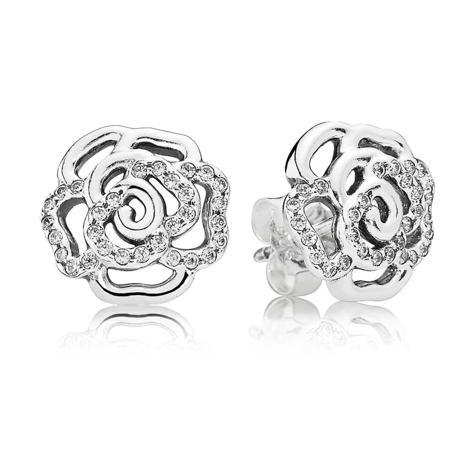 

Authentic S925 Sterling Silver Women DIY Jewelry Lady Earrings Girl Birthday Gift Shimmering Rose Earrings Clear CZ