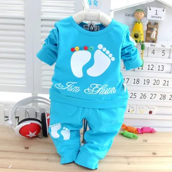 

2pcs Set Baby cloth boys girls long sleeves T-shirt and pants small foot pattern cotton o-neck suits for spring autumn