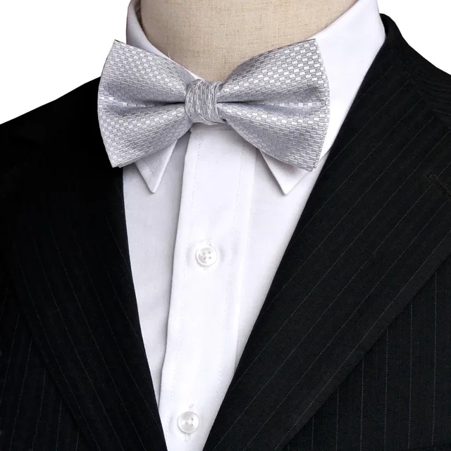 Solid Checked White Gray Grey Silver Pre tied Tuxedo Bow Tie Mens ...