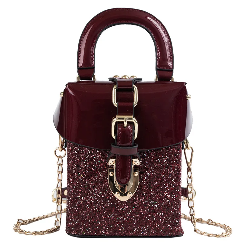 

Sequined Lacquer Stitching Women Bags Box 2019 New Handbag Chain Single Shoulder Slant Fashion Personality Buckle Luxury Clutch