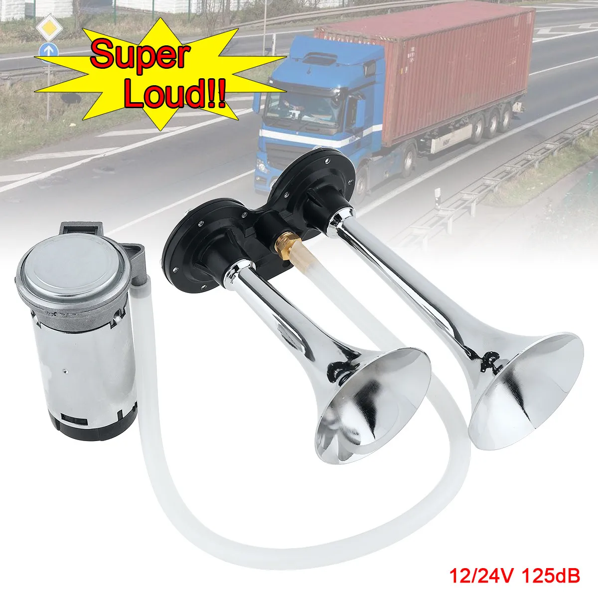 12V / 24V 125DB Super Loud Dual Trumpet Car Air Horn Compressor Kit for