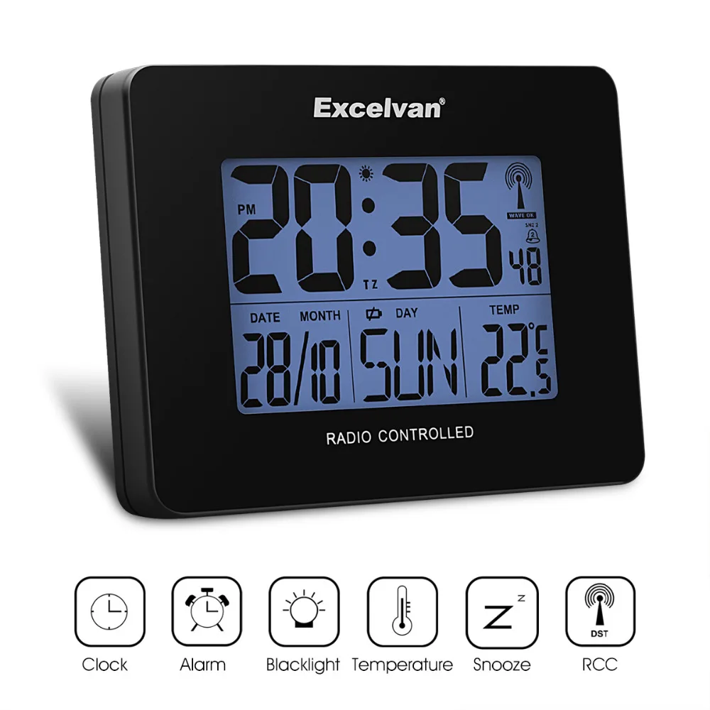 Excelvan Digital Radio Controlled Alarm Clock Thermometer with Snooze