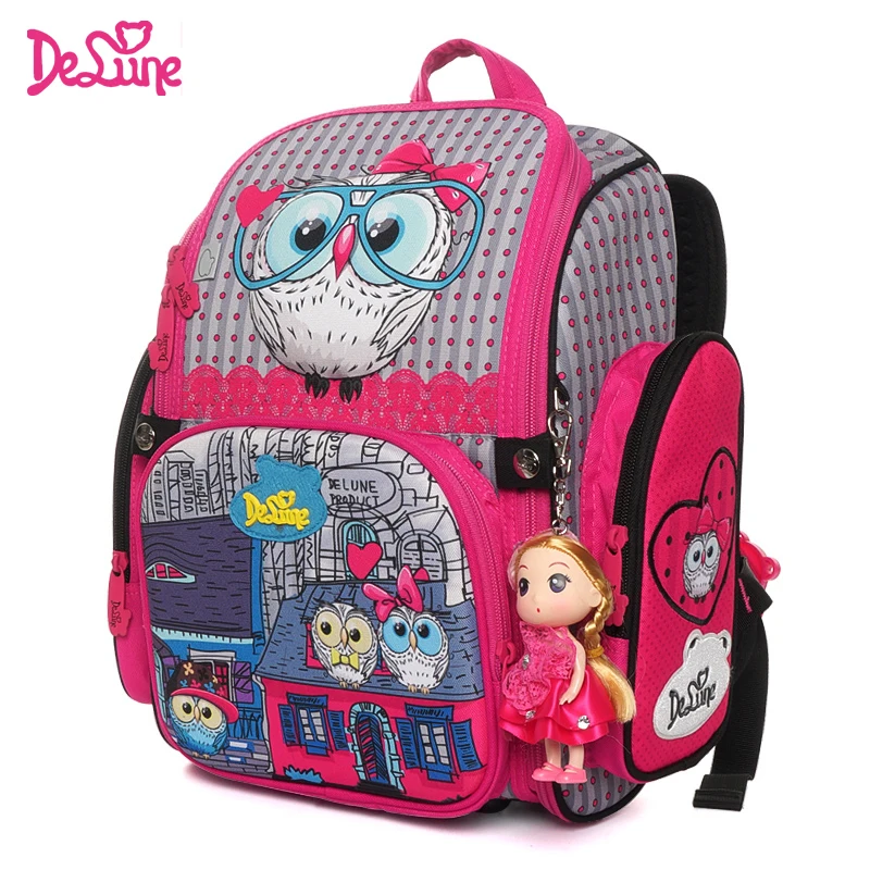 

Delune 2019 New Cartoon School Bag Orthopedic Children's Backpack for Girls 3D Owls Cat Model Mochila Infantil Grade 1-3 Satchel