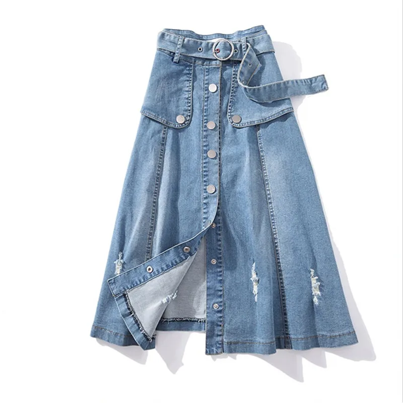 UHYTGF Women skirts Fashion button summer Denim skirt women Belt high waist elegant lady jeans skirt casual plus size skirts 639