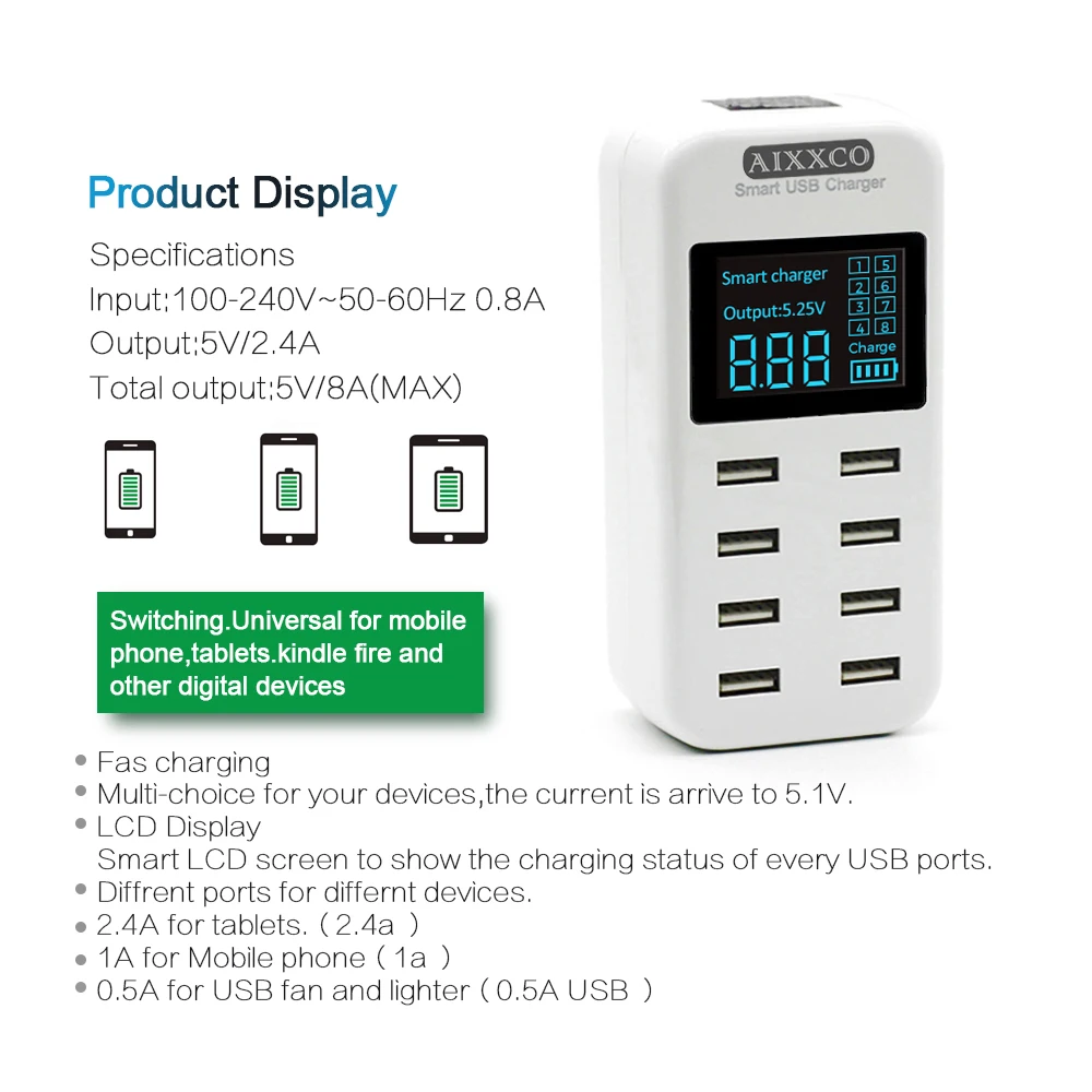 Pаспродажа AIXXCO Smart 8A font b USB b font зарядное устройство с ЖК дисплеем с 8 font b usb b font портами питания для iphone samsung мобильного телефона