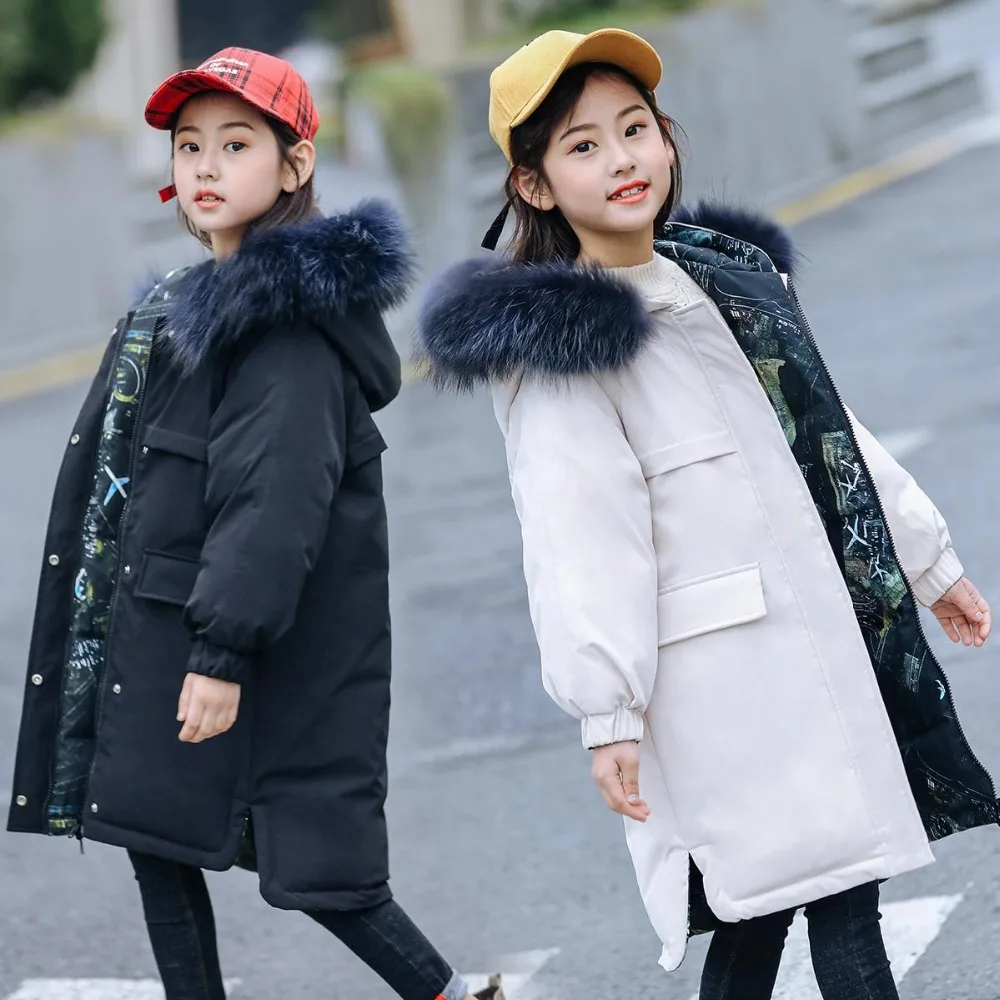 Зимние теплые куртки-пуховики для девочек детские парки с двусторонним дизайном плотная пуховая верхняя одежда с натуральным мехом для подростков-30 градусов