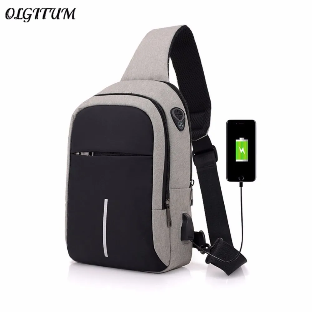 Koop Mannen Canvas Borst Zak Externe USB Interface Opladen Smart Kleine Rugzak Brede Schouderriem Rits Ontwerp Mannen Schoudertas