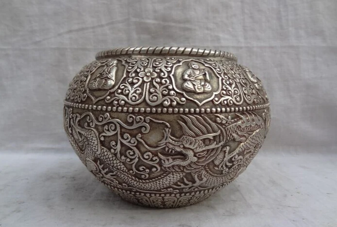 

song voge gem S4669 Chinese Silver Buddhism Dragon Kwan-Yin Buddha Statue Bronze Flower Jar Bowl