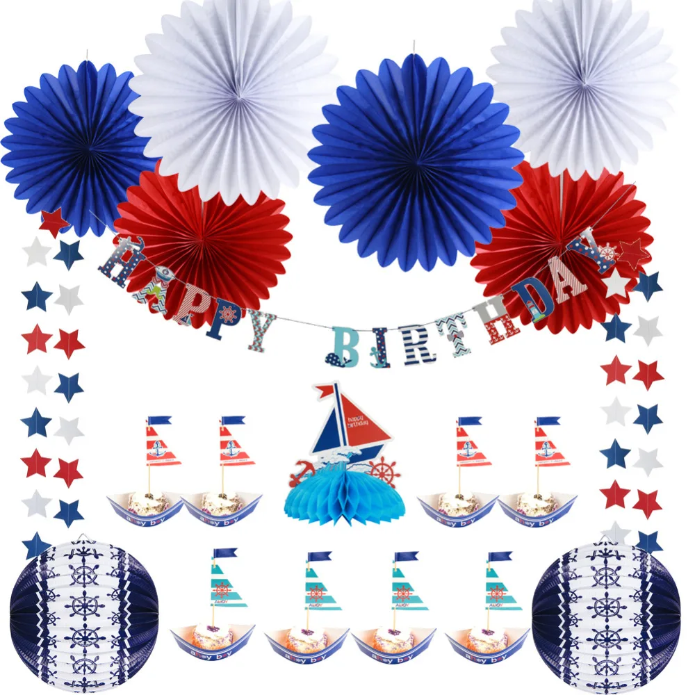 

13pcs Nautical Birthday Ahoy Boy Party Decoration Set Table Centerpiece Paper Lantern Fans Sailboat Cupcake Topper Baby Shower