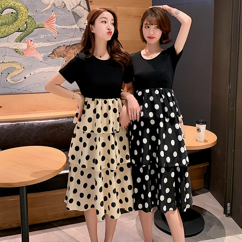 

Women Summer Polka Dot Patchwork Tshirt Dress Fake Two-piece Office Elegant Vacation Lady Vintage Runway Korean Dress Female New
