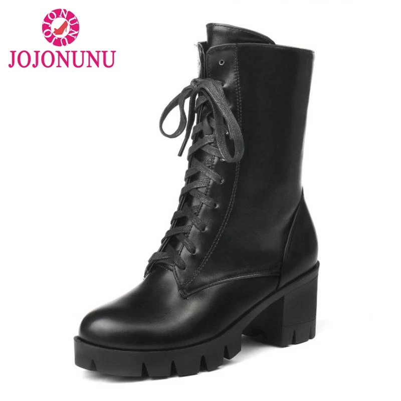 

JOJONUNU Plush Size 34-46 Women's Mid Calf Boots Thick Fur Lace Up Woman Shoes Thick Heels Platform Short Boots Woman Footwear