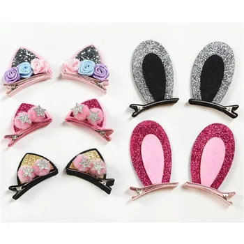 

2 PCS New Cute Hair Clips For Girls Glitter Rainbow Star Felt Fabric Flowers Sequins Hairpins Cat Ears Bunny Barrettes For Kids