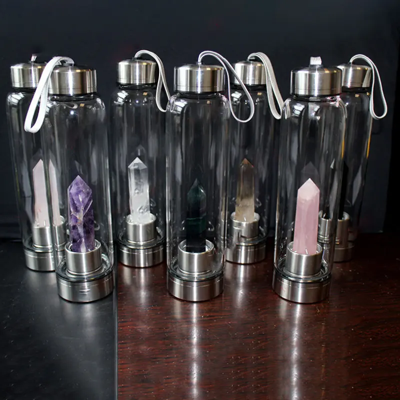 Natural Crystal Quartz Crystal Gemstone Water Bottle Wand Point Reiki