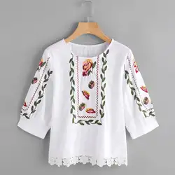 Muqgew женские Лоскутная сращивания с цветочным рисунком с вышивкой и принтом Повседневный Топ свободная футболка XXL три четверти белый