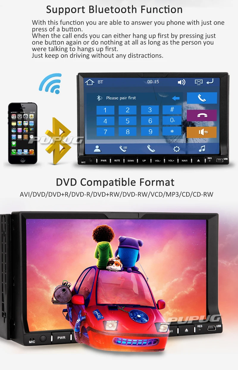 Cheap 2016 New 7" Touch Screen car dvd player gps navigation USB SD Bluetooth FM 2din in dash TFT support rear view camera input 2