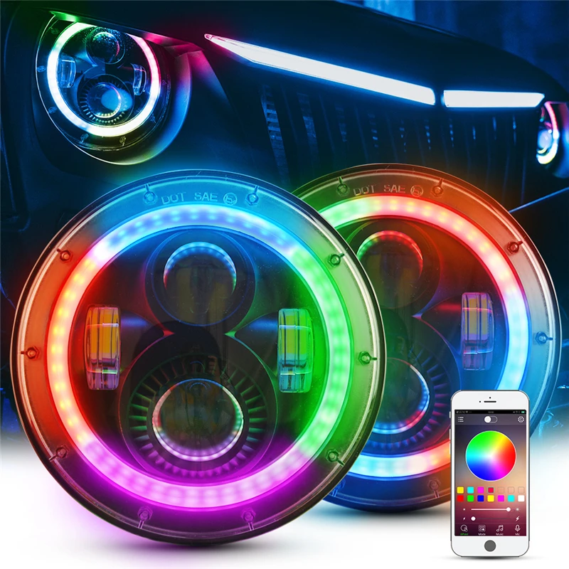 MICTUNING 7 ''круглые 80 Вт RGB фары Красочный светодиодный декоративный налобный фонарь с Bluetooth мобильным управлением для Jeep Wrangler JK LJ TJ