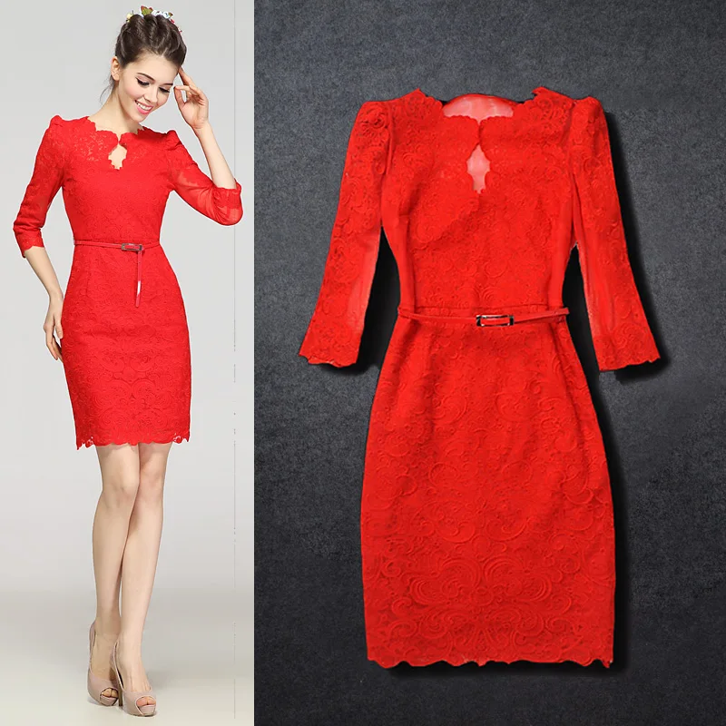 Autumn Shirt embroidered one piece dress 3/4 sleeve red Lace dress 2015