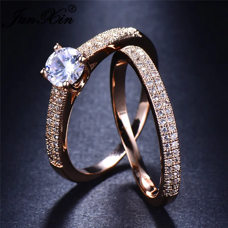 JUNXIN Valentine Jewelry Female Round Ring Sets For Women 925 Silver Rose Gold Filled White Zircon Crystal Promise Wedding Ring