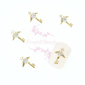 

10pcs/pack Gold Plated Alloy Charms Heart Shape Clear Zircon Rhinestones Wings Key Design 3D Nail Art Manicure Jewelry DIY Decor