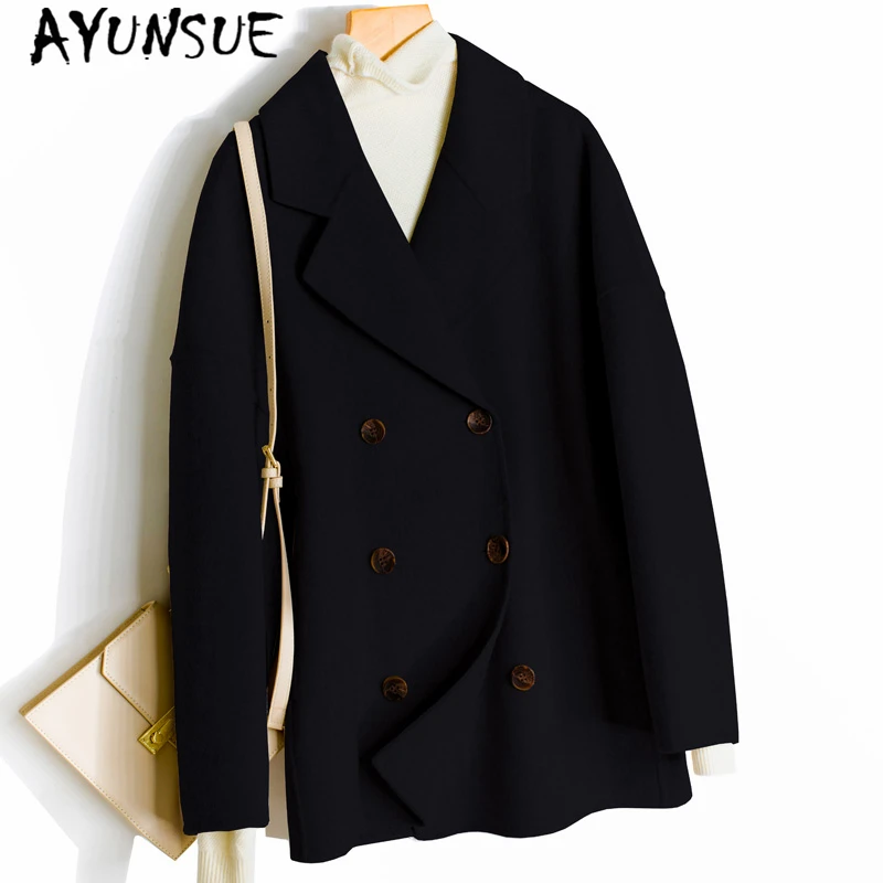 

AYUNSUE 2019 Casual Elegant Wool Coat Women Autumn Winter Double Breasted Woolen Coat Women Long Outerwear Casaco Feminino LW456