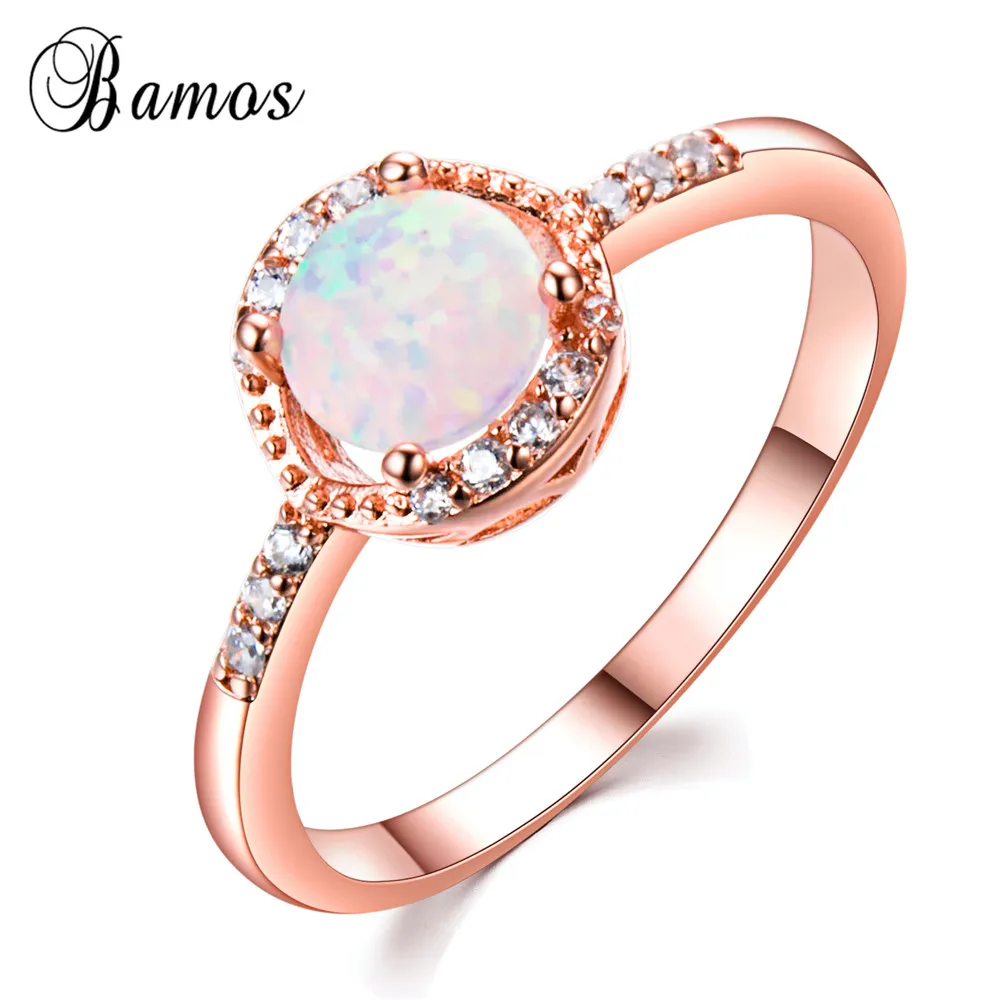 

Bamos Brand Female Luxury White Fire Opal Ring Rose Gold Filled Charm Jewelry For Women 2018 New Year Best Gifts Fashion Rings