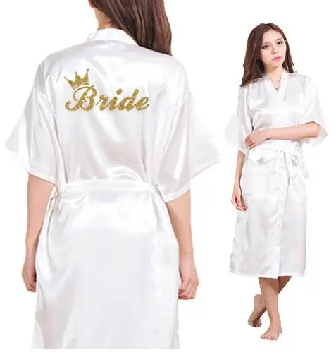 Невесты корона Команда Невесты золотой блеск печати длинный участок кимоно халат женский девичник Свадебный халат из искусственного шелка