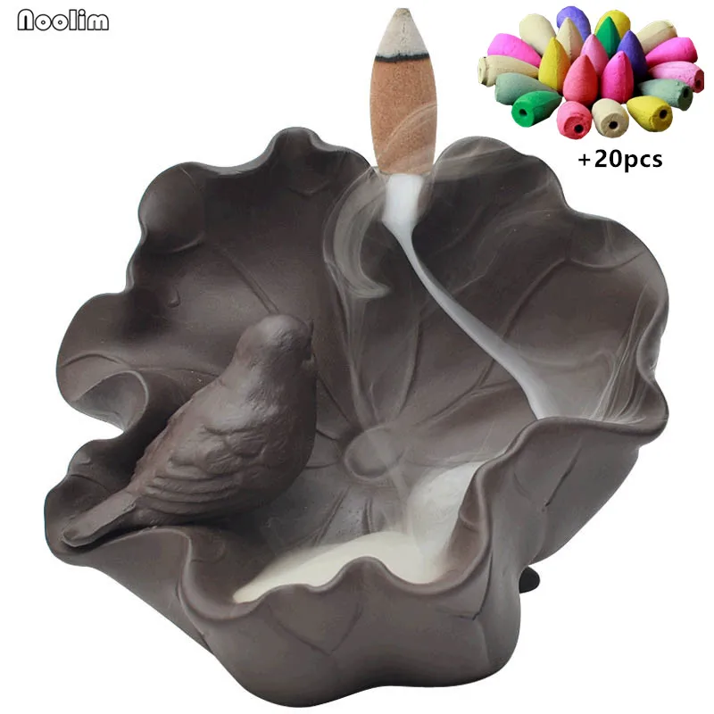 

Ceramic Bird Lotus Backflow Incense Burner Smoke Waterfall Stick Incense Holder Aromatherapy Censer Home Decor +20pcs Free Cones