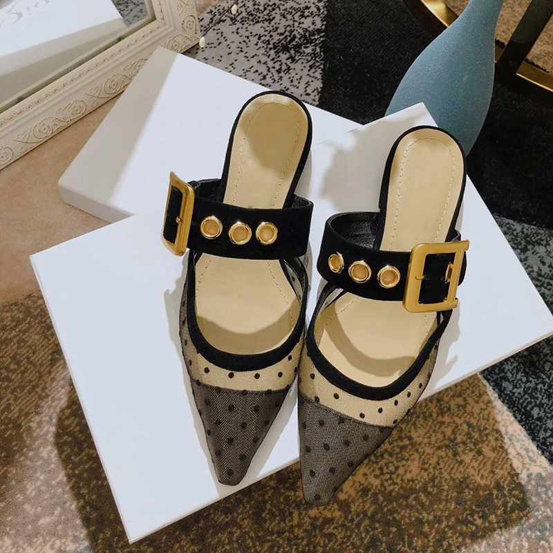 

2019 Summer Women Shoes Mesh Polka Dot Fashion Ladies Sandals Party Cozy 6.5CM High Heels Sandals Women Slippers