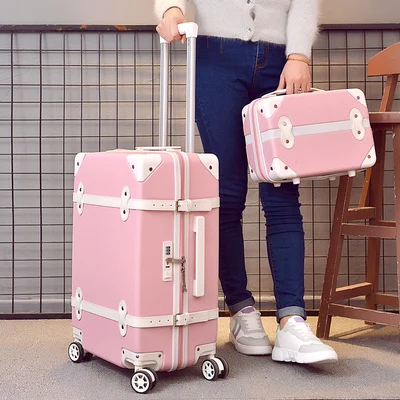 Комплект из 2 предметов, чехол на колесиках, коробка с паролем, чехол для костюма в стиле ретро, универсальное колесо 2", студенческий милый багаж, 20" Модный чемодан - Цвет: pink set