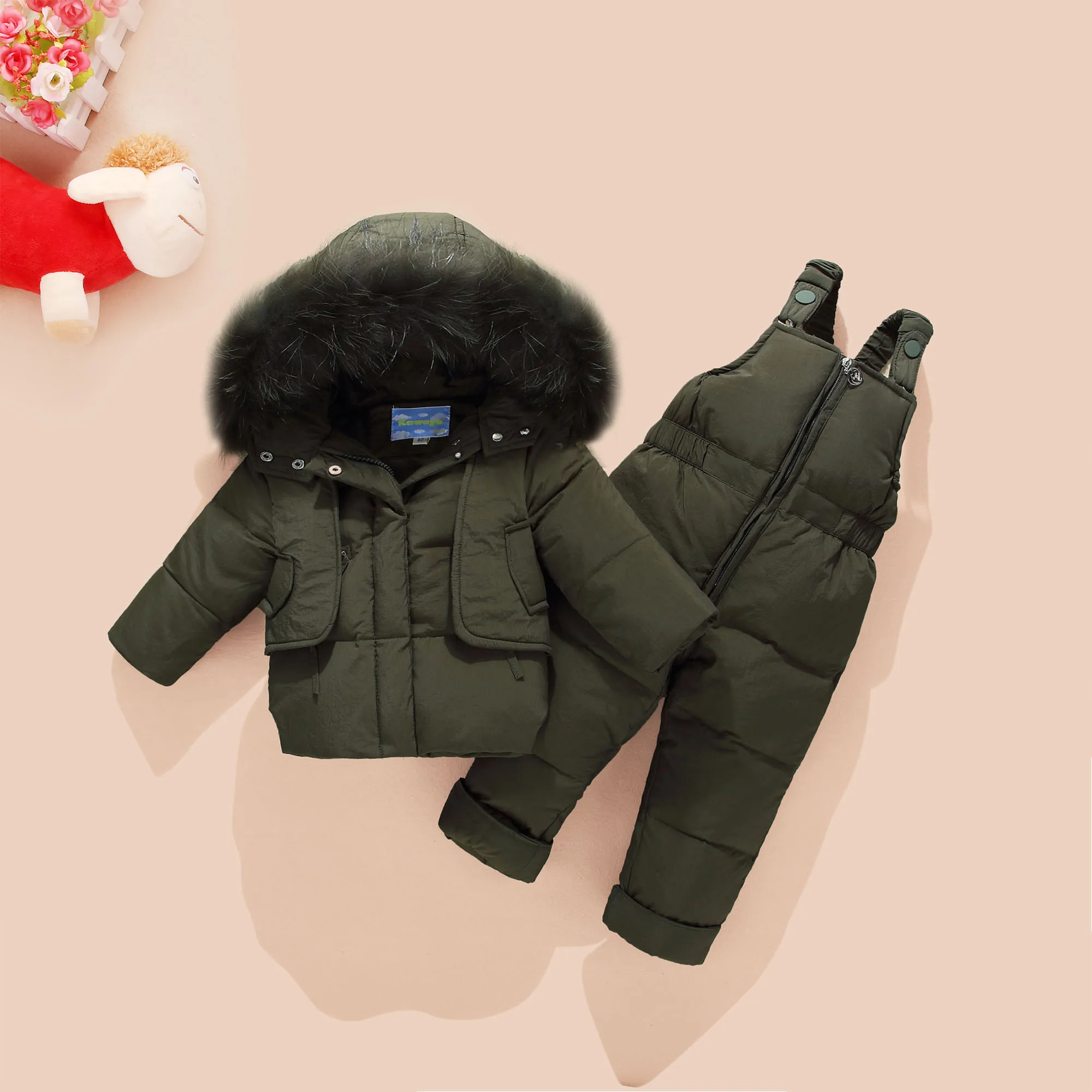 Пуховое пальто с натуральным мехом, куртка с капюшоном+ комбинезон для маленьких девочек и мальчиков, детская одежда, пальто Зимний комплект из 2 предметов зимняя одежда для маленьких девочек