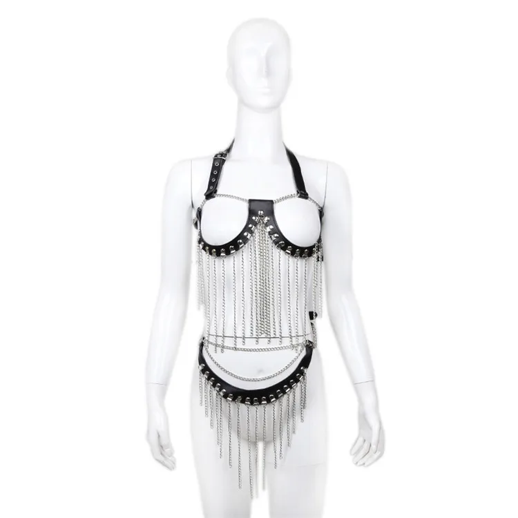 

Fetish Metal Chain Bra Exposed Breast Bondage Chastity Underwear Set Sexy Bondage Flirt Leather Lingerie Women